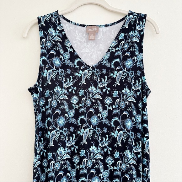 Chico’s Navy & Light Blue Floral Paisley Print Maxi Dress Size Small - Picture 2 of 9